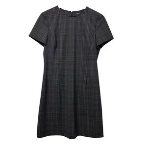Theory Womens Jatinn Plaid Wool Sheath Dress Sz 8 Short Sleeve Gray Black Lined